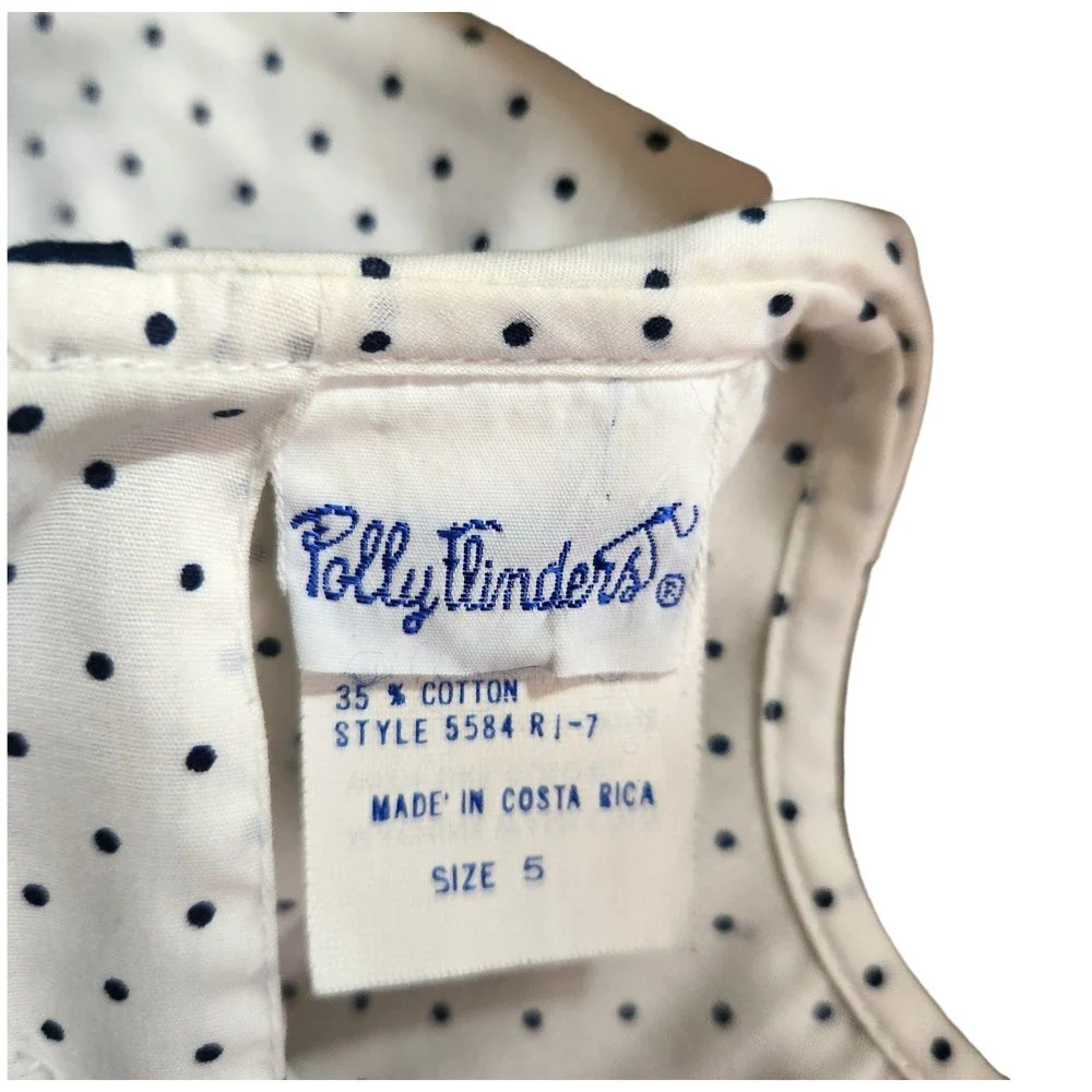 Vintage Polly Flinders Dress White w/ Blue Polka Dot Smocked Front Girls Size 5